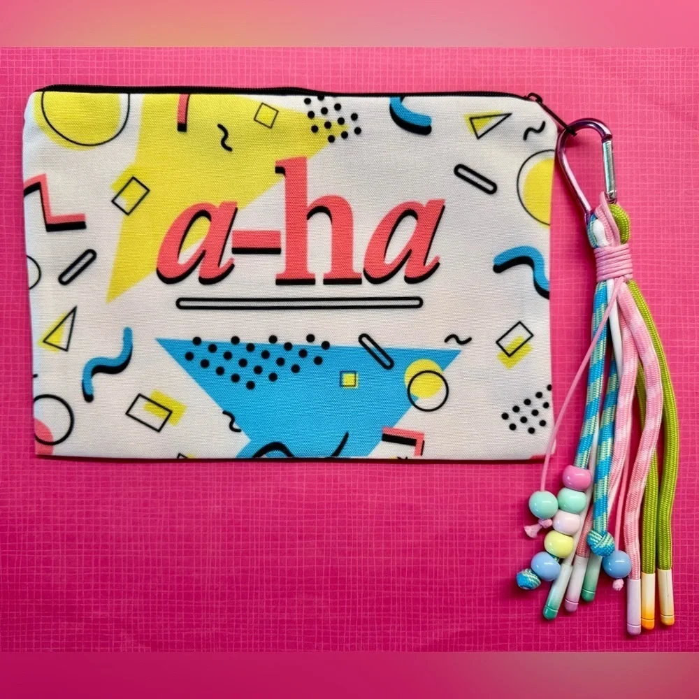 New A-ha Band Retro 80s Style Makeup Cosmetic Tech Pencil Bag w/ Keychain - 8.5”